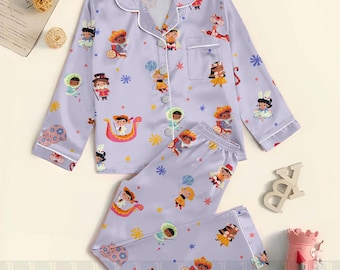 It's A Small World Unisex Satin Pajamas, Jungle Safari Characters Pajamas, Long Sleeve And Short Styles