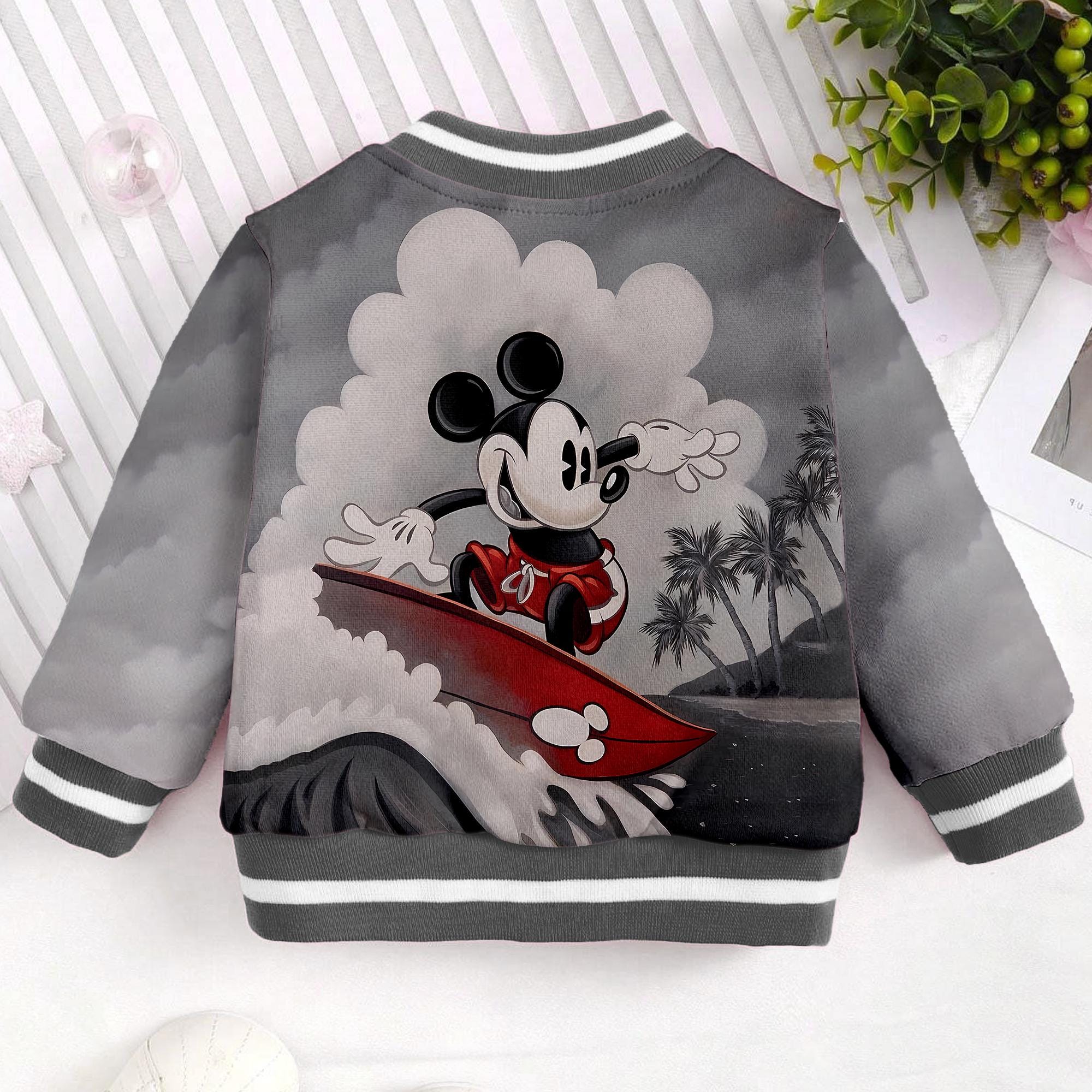 Discover Mickey Surfing Kids and Youth Baseball Jacket, Aldult Unisex Varsity Baseball Jacket