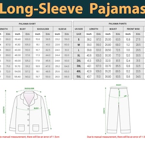 May include: Detailed size chart for long-sleeve pajamas, including shirt and pants measurements. The chart provides dimensions in inches and centimeters for length, bust, shoulder, sleeve, waist, front rise, and hip, across various sizes from S to 5XL.