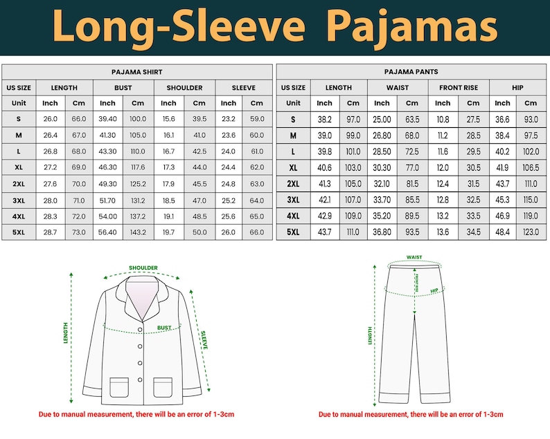 May include: Detailed size chart for long-sleeve pajamas, including shirt and pants measurements. The chart provides dimensions in inches and centimeters for length, bust, shoulder, sleeve, waist, front rise, and hip, across various sizes from S to 5XL.