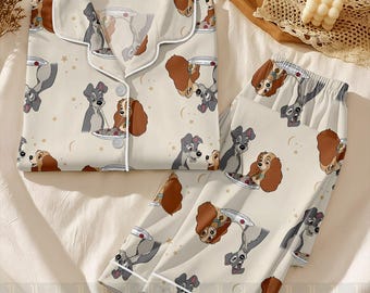 Lady and Tramp Couple Unisex Satin Pajamas Set, Spooky Season Pajamas , Long Sleeve And Short Styles