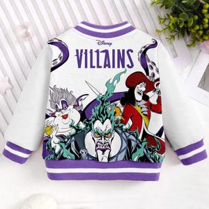 May include: White zip-up jacket with purple trim and a graphic print of Disney villains Ursula, Maleficent, and Captain Hook. The text "Disney Villains" is printed on the back.