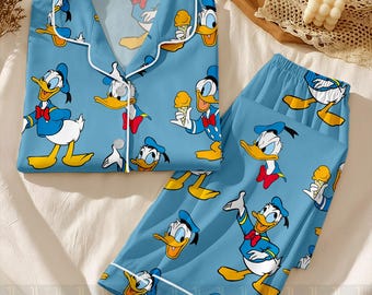 Donald Duck Emotions Unisex Satin Pajamas Set, Spooky Season Pajamas, Long Sleeve And Short Styles