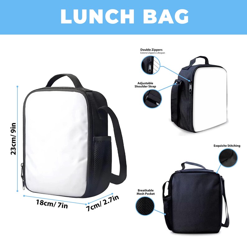 May include: Black and white lunch bag with a white front panel. Features include a breathable mesh pocket, adjustable shoulder strap, and double zippers. The bag measures 9 inches tall, 7 inches wide, and 2.7 inches deep. The text "LUNCH BAG" is at the top.