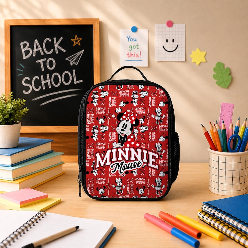 Pu&ograve; includere: Una borsa per il pranzo rettangolare con bordo nero e sfondo rosso con un motivo ripetuto di Minnie Mouse. La parte anteriore mostra una grande grafica di Minnie Mouse e il testo Minnie Mouse in lettere bianche. Ha un manico e una tasca laterale.