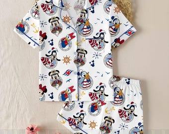 Conjunto de pijama de satén con Mickey, Minnie, Donald, Goofy y Pluto para cruceros, estilos corto y largo.