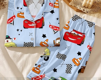 Tow Mater McQueen Friend Cars Unisex Satin Pajamas Set, Spooky Season Pajamas , Long Sleeve And Short Styles