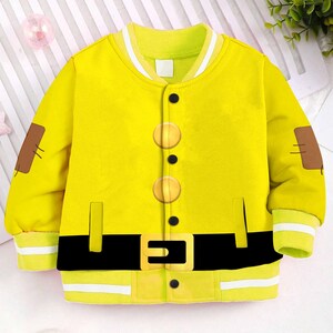 May include: A yellow bomber jacket with black trim and buttons. The jacket has a black belt with a silver buckle and brown patches on the sleeves.