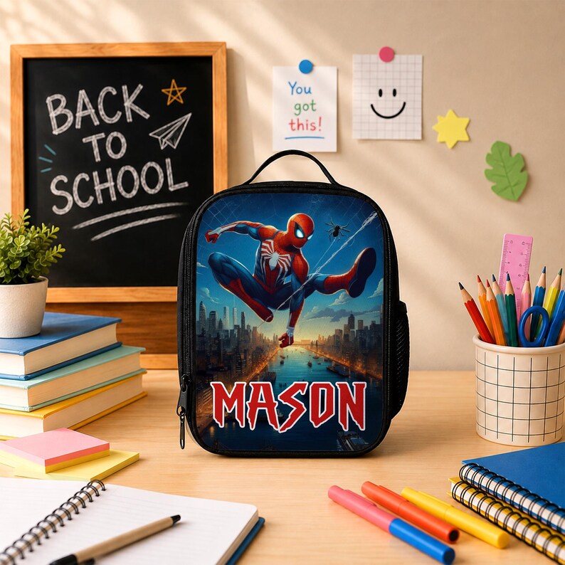 Puede incluir: Una bolsa de almuerzo rectangular negra con un gr&aacute;fico del superh&eacute;roe Spider-Man balance&aacute;ndose sobre el horizonte de una ciudad. El nombre MASON est&aacute; impreso en letras rojas grandes en la parte inferior. Tiene un asa superior y cierre de cremallera.