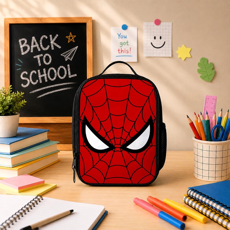 May include: A rectangular lunch bag featuring a red and black spiderweb pattern with large white eyes on the front. The bag has a black top handle, a black zipper closure, and black side mesh pockets, designed for carrying food and school supplies.