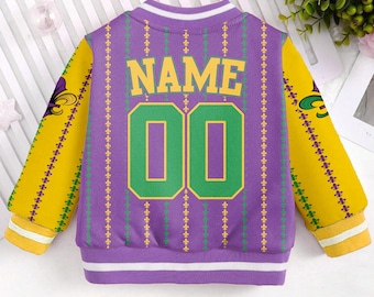 Custom Name And Number Mardi Gras Purple Team Classic Kids and Youth Baseball Jacket, Aldult Unisex Varsity Baseball Jacket