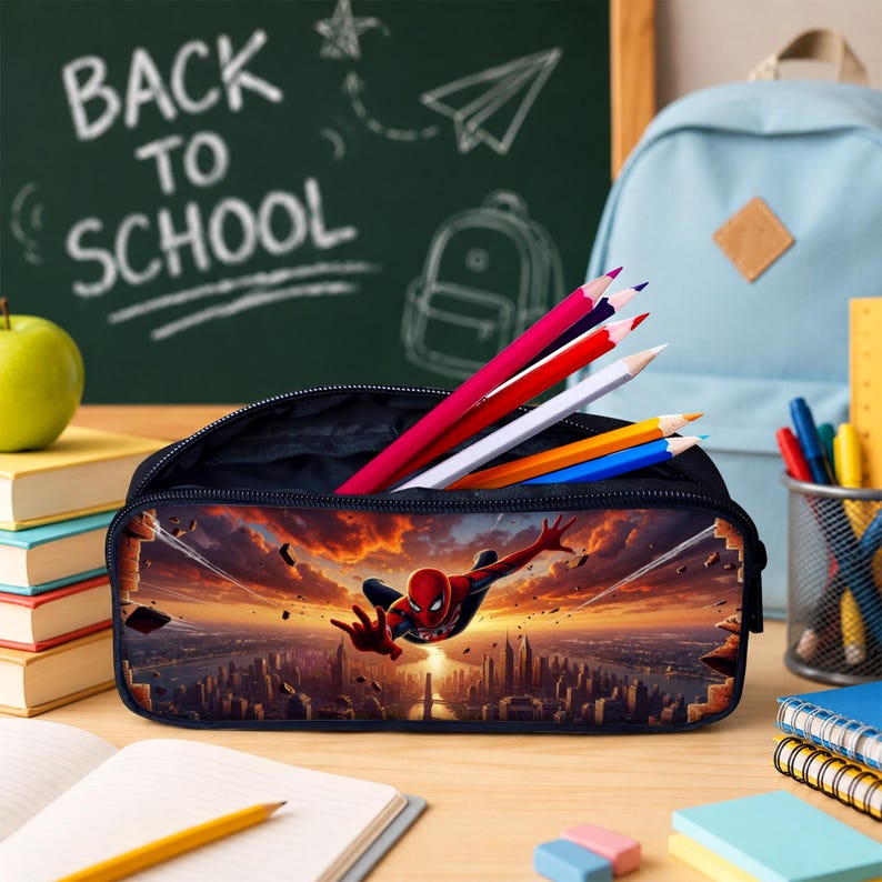 May include: A black zippered pencil case featuring a graphic print of a superhero in a red and blue suit flying over a city skyline at sunset. The case is filled with several colored pencils, including red, white, yellow, and blue shades.