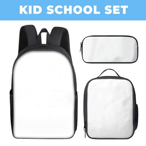 May include: A black and white kid's school set, including a backpack, pencil case, and lunch bag. The backpack has a large white front panel, black straps, and a mesh side pocket. The pencil case and lunch bag also have white panels.