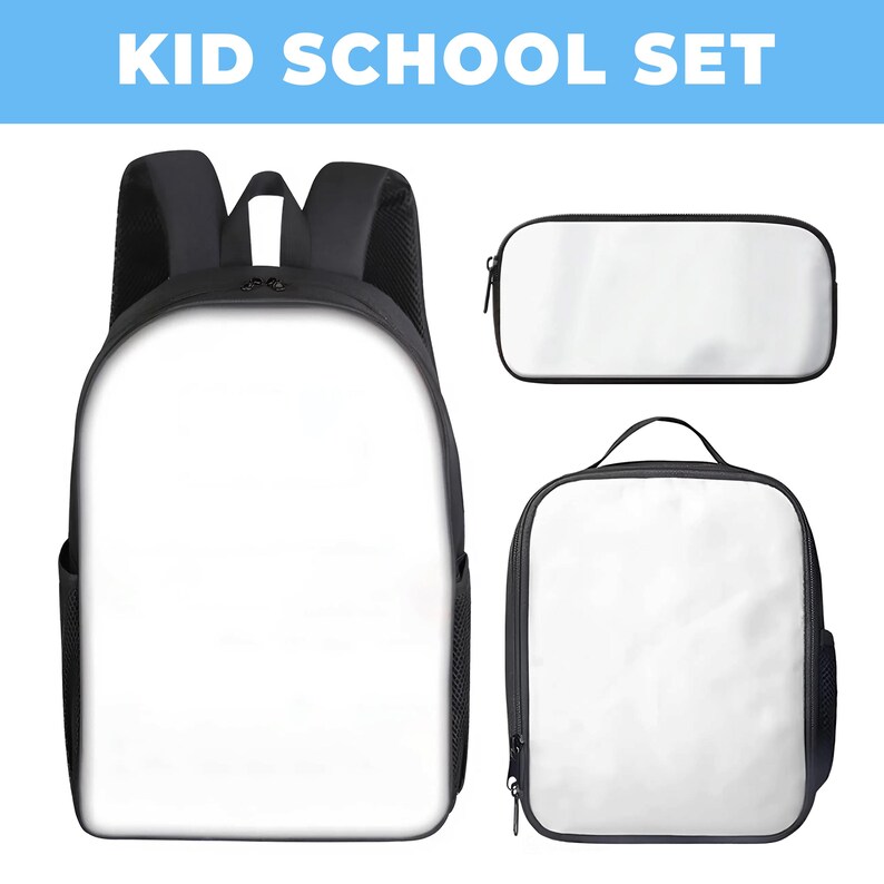 May include: A black and white kid's school set, including a backpack, pencil case, and lunch bag. The backpack has a large white front panel, black straps, and a mesh side pocket. The pencil case and lunch bag also have white panels.