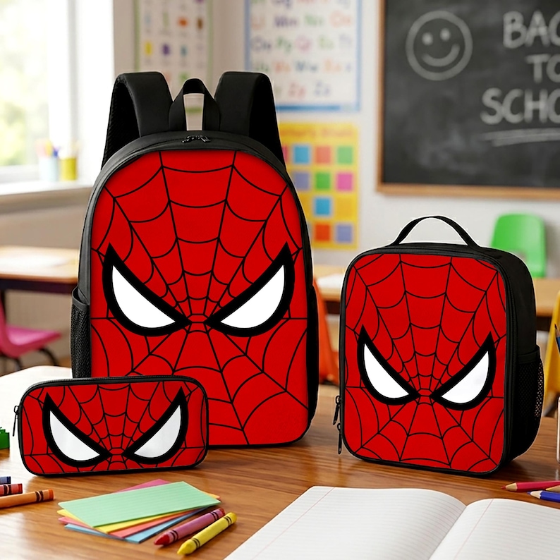 May include: A three-piece set consisting of a large backpack, a smaller lunch bag, and a pencil case. Each item is black with a vibrant red front panel featuring a black spiderweb pattern and large, white, almond-shaped eyes in the center.