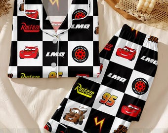McQueen 95 Ka-chow Unisex Satin Pajamas Set, Disneyland Pajamas, Long Sleeve And Short Styles