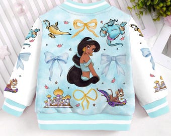 Jasmine Aladdin Genie Locket Coquette Bow Kids and Youth Baseball Jacket, Aldult Unisex Varsity Baseball Jacket