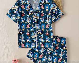 Donald Duck Emotions Unisex Satin Pajamas Set, Spooky Season Pajamas , Long Sleeve And Short Styles