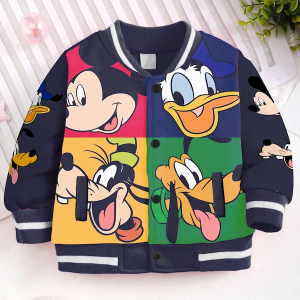 Mickey And Friends Donald Pluto Goofy Kids and Youth Baseball Jacket, Aldult Unisex Varsity Baseball Jacket