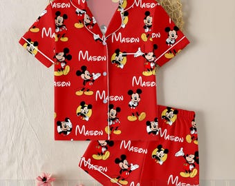 Custom Name Kid Mouse Satin Pajamas Set, Matching Pajamas, Sleepwear