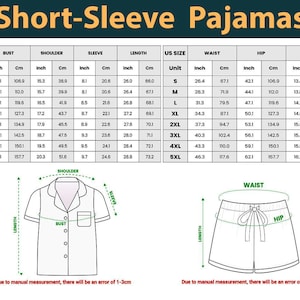 May include: A size chart for short-sleeve pajamas, with measurements in inches and centimeters. The chart includes bust, shoulder, sleeve, and length measurements for sizes S to 5XL. Diagrams illustrate the measurement points.