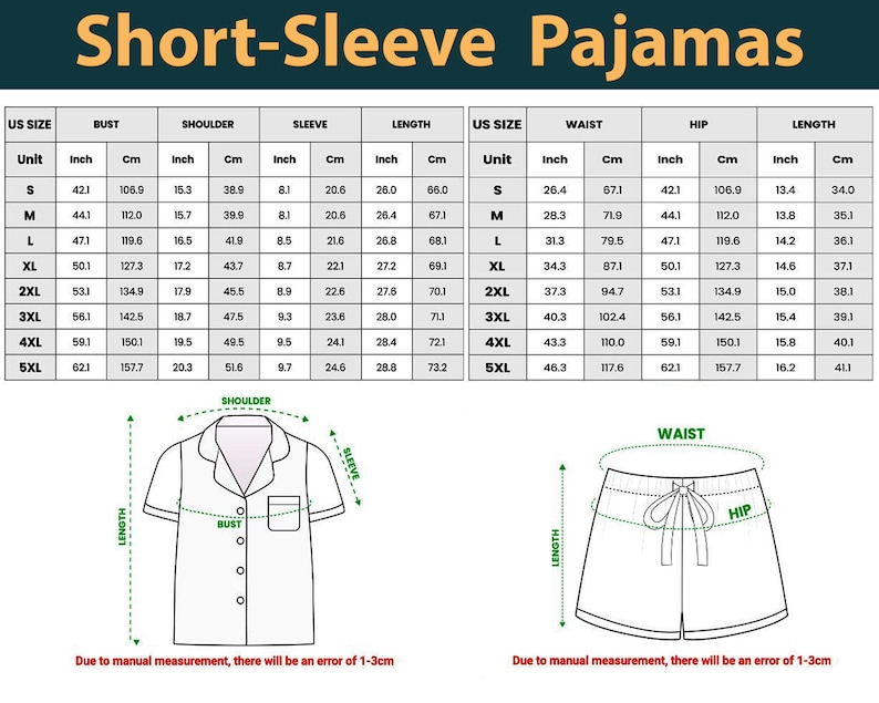 May include: A size chart for short-sleeve pajamas, with measurements in inches and centimeters. The chart includes bust, shoulder, sleeve, and length measurements for sizes S to 5XL. Diagrams illustrate the measurement points.
