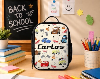 Custom Name Lunch Bag for Kids, Personalized Race Car Insulated Lunch Box, Back to School Gift