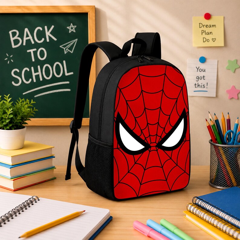May include: A black backpack featuring a red front panel with a black spiderweb pattern and two large white eyes. The backpack has black shoulder straps, a top handle, and side mesh pockets. The design is inspired by a superhero character.
