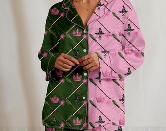 Green Pink Witch Popular Half Color For Good Unisex Satin Pajamas Set, Wicked Pajamas Pant, Long Sleeve And Short Styles