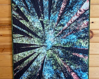 Può includere: Un arazzo trapuntato raffigurante un'immagine vibrante di alberi alti che si estendono verso un cielo blu. L'opera d'arte mostra una prospettiva verso l'alto attraverso la volta della foresta, con un bordo verde e uno sfondo in legno.