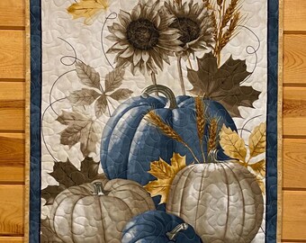 Handmade Blue & White Pumpkin Quilt Wall Hanging: Autumn Decor