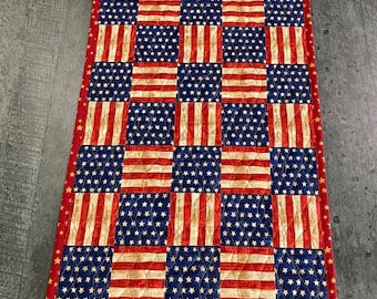 Patriotic Table Runner: Red White Blue Quilted Cotton Independence Day Decor