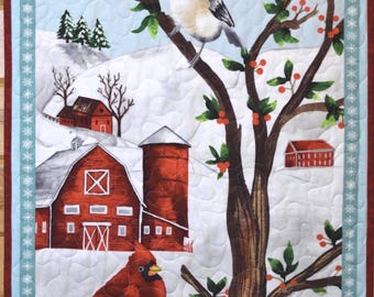Winter Farmhouse Quilted Wall Hanging: Songbirds Red Barn Snow Scene