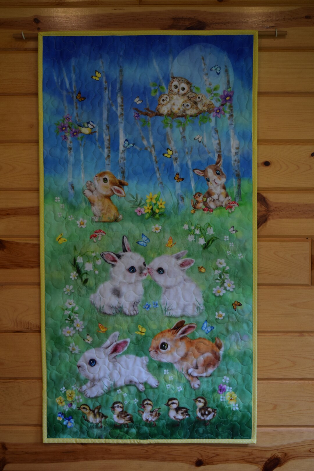 Quilted Easter Wall Hanging , Spring Easter Design, Bunny Meadows