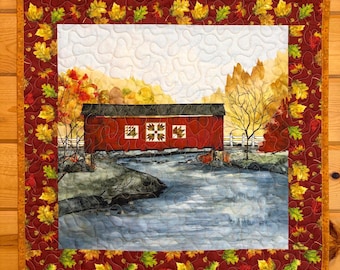 Fall Seasonal Covered Bridge Wall Hanging Quilt,  Handmade Fabric Decor