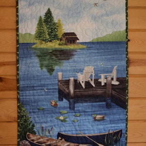 Wall Hanging Quilt, Cabin Wall Quilt, Lake House Retreat, Summer Quilted Nature Door Banner, Handmade Panel Lake  Dock Quilted Wall Hanging