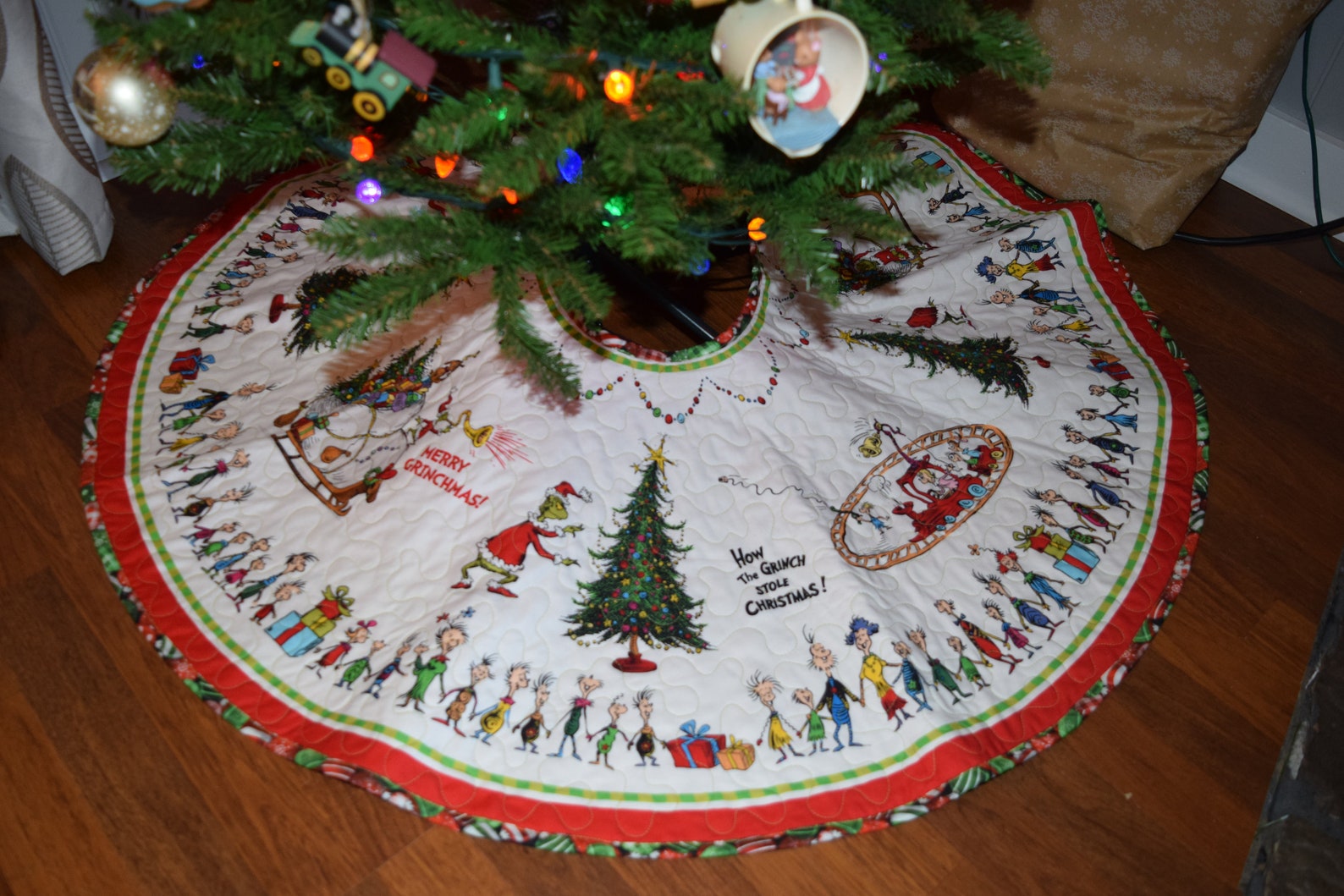 Grinch christmas tree skirt red and grinch green tree skirt etsy