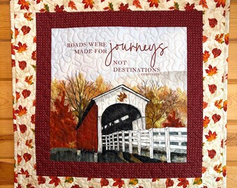 Journeys Covered Bridge Wall Hanging Quilt,  Handmade Autumn Fabric Decor