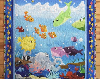 Ocean Swimmers Baby Quilt, Whimsical Sea Life Nursery Decor, Machine Quilted Fish Fabric