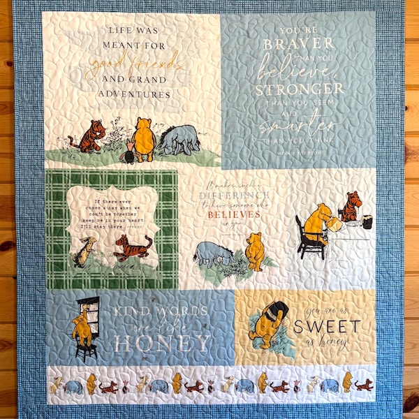 Handmade Winnie the Pooh Baby Quilt, Blue Border, Nursery Decor, New Mom Gift