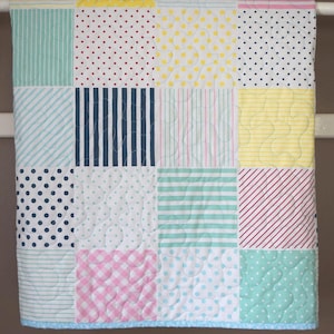 Patchwork Baby Block Pastel Handmade Quilt: Toddler Bedding 40x46 inches
