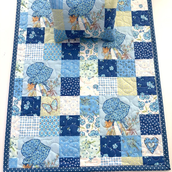 Holly Hobbie Doll Quilt and Pillow Set, Handmade with Vintage Fabric, Toy Doll Accessory