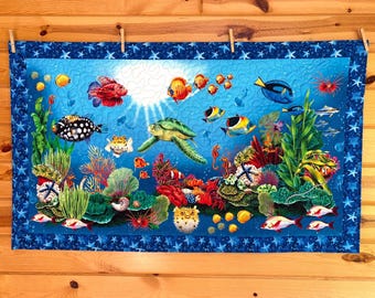Handmade Ocean Wall Hanging Quilt: Coral Reef Life,  Children's Play Mat