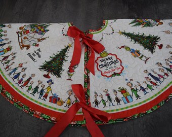 Grinch Christmas Tree Skirt, Red and Grinch Green Tree Skirt, Handmade Quilted Holiday Decor