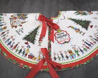 May include: A circular quilted Christmas tree skirt featuring a white background with colorful illustrations of characters from How the Grinch Stole Christmas, green pine trees, and red ribbon ties. The text reads Merry Christmas and Happy New Year.