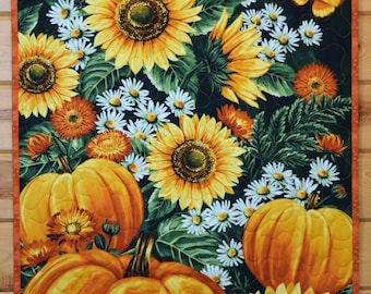 Handmade Fall Wall Hanging Quilt: Sunflower & Pumpkin Harvest Decor