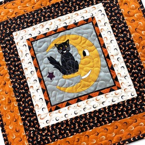 Handmade Black Cat in the Moon Quilt Table Top Centerpiece: Halloween Cotton Home Decor