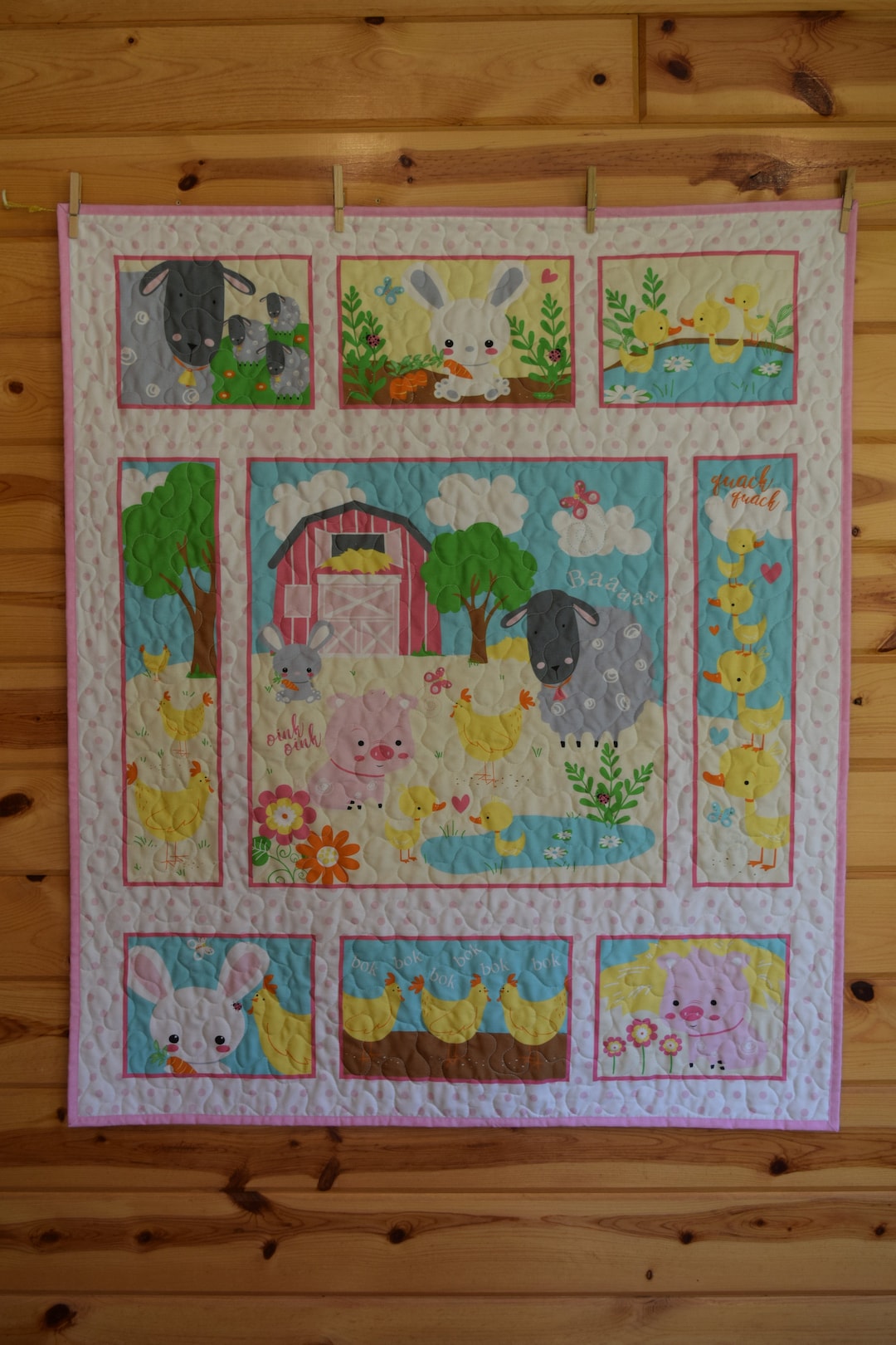 Baby Farm Animal Quilt, Baby Quilt. Spring Summer Farm Animal Quilt