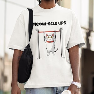 Fitness Cat, Meow-scle Ups Unisex Tee, Workout Shirt, Gym Cat Lover Gift, Funny Animal Tee, Cartoon Cat Shirt, Gym Lovers Shirt