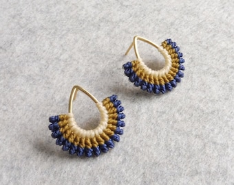 Fan Shape Stud Earrings . Gold Teardrop Earrings . Small Macrame Jewelry . Fiber Jewelry . Design by .. raïz ..